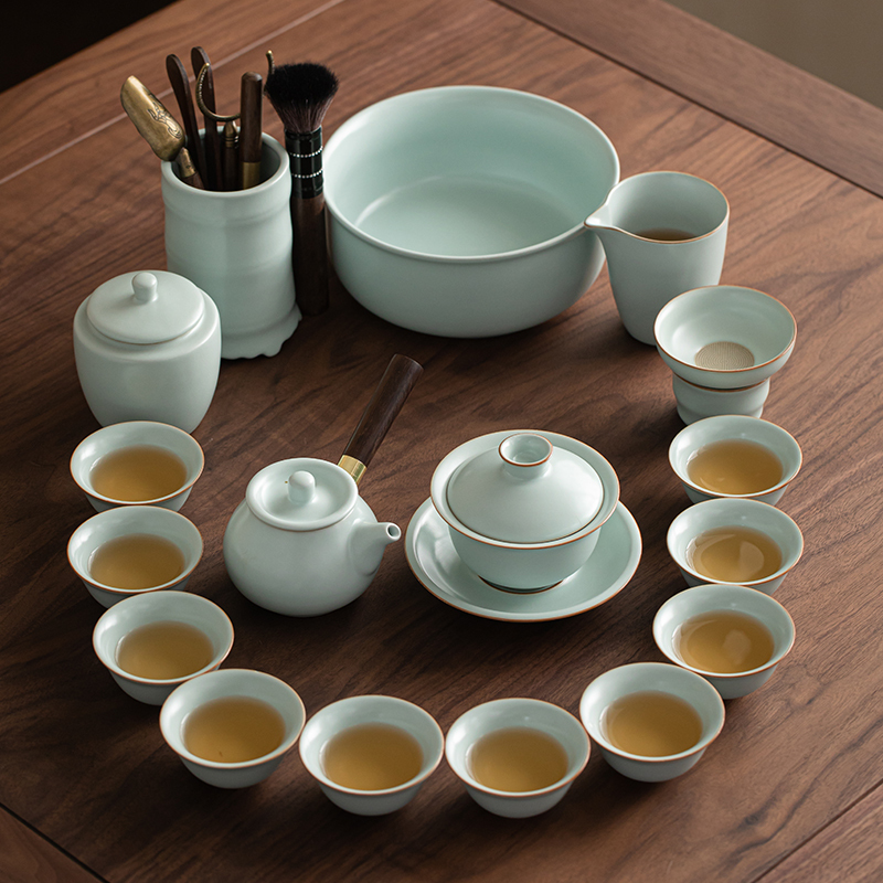 苏氏陶瓷(SUSHI CERAMICS)汝窑功夫茶具侧把泡茶壶三才盖碗茶杯茶洗六君子大套组礼盒装