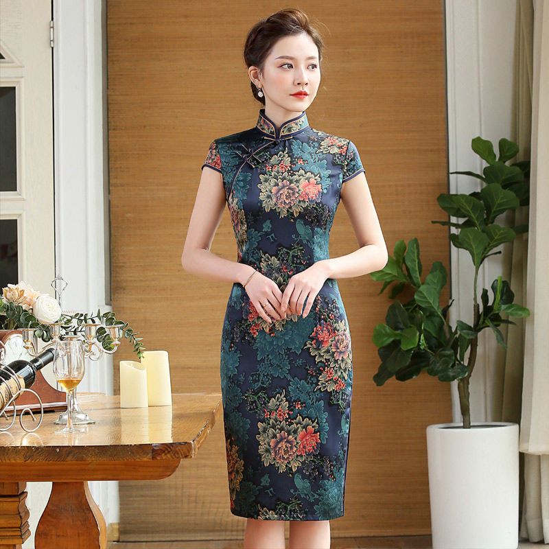 旗袍女连衣裙中长款夏季新款中老年女装中国风旗袍裙复古遮肚日常