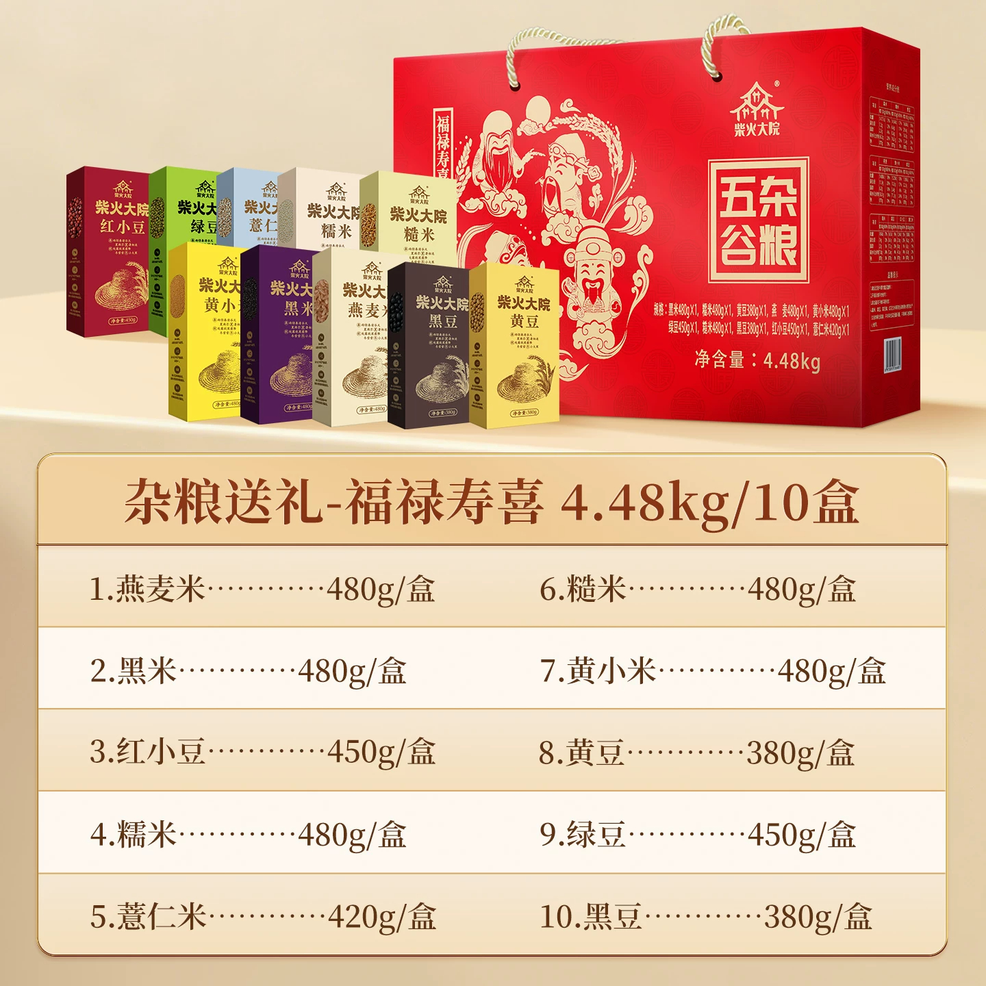 柴火大院福禄寿喜红色杂粮礼盒4.48kg 十种五谷粗粮节日送礼团购员工福利高清大图
