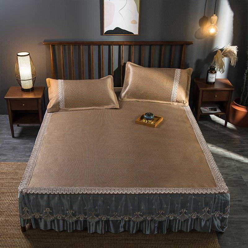 家柏饰(CORATED)夏季冰丝凉席凉感藤席1.5米软席子1.8m床宿舍席床裙三件套2 奥裕-床裙款藤席(香槟金) 1.5m（5英尺）床