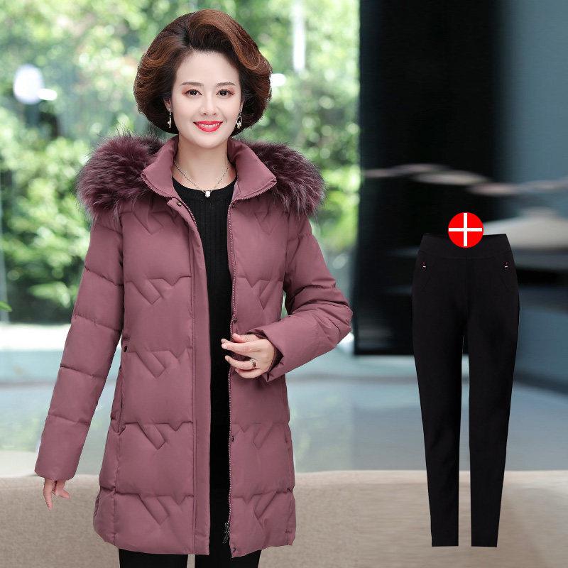 迪鲁奥（DILUAO)羽绒服中老年女冬装外套40岁50韩版中长款妈妈秋冬_983 5XL 紫色+裤子