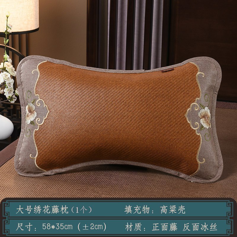 夏季麻将枕头双面冰丝茶叶梗藤枕竹凉席枕成人学生凉爽单人枕_2 默认尺寸 04-大号绣花藤枕头58*35cm/个