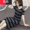 YIBUSHENG条纹长款过膝短袖连衣裙女季新款韩版宽松大码休闲打底裙女