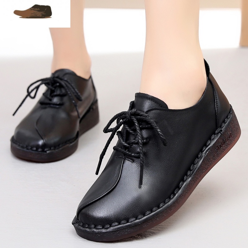 ideamini软底软皮单鞋女圆头皮鞋皮平底女鞋休闲大码41一43中年妈妈鞋