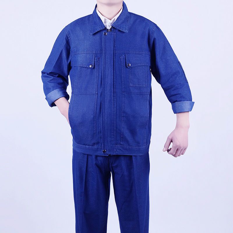 夏季薄款牛仔工作服套装男劳保服焊工长袖耐磨上衣裤子电焊工装服夏季