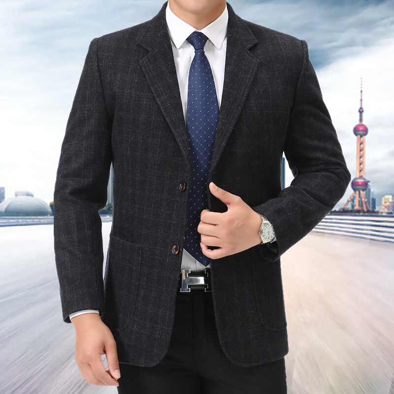 迪鲁奥（DILUAO)春秋中老年男士羊毛呢西服外套男厚款中年西装上衣爸爸装休闲便西_604_149 黑色 180(155斤-170斤穿)