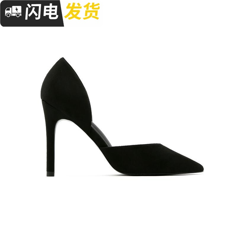 春季单鞋女2022新款黑色尖头少女高跟鞋女秋细跟中空浅口绒面职业启如休闲鞋