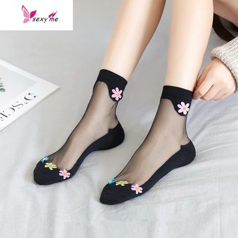 袜子女透明小清新性感小花朵水晶丝袜棉底防滑玻璃丝袜四季中筒袜fish