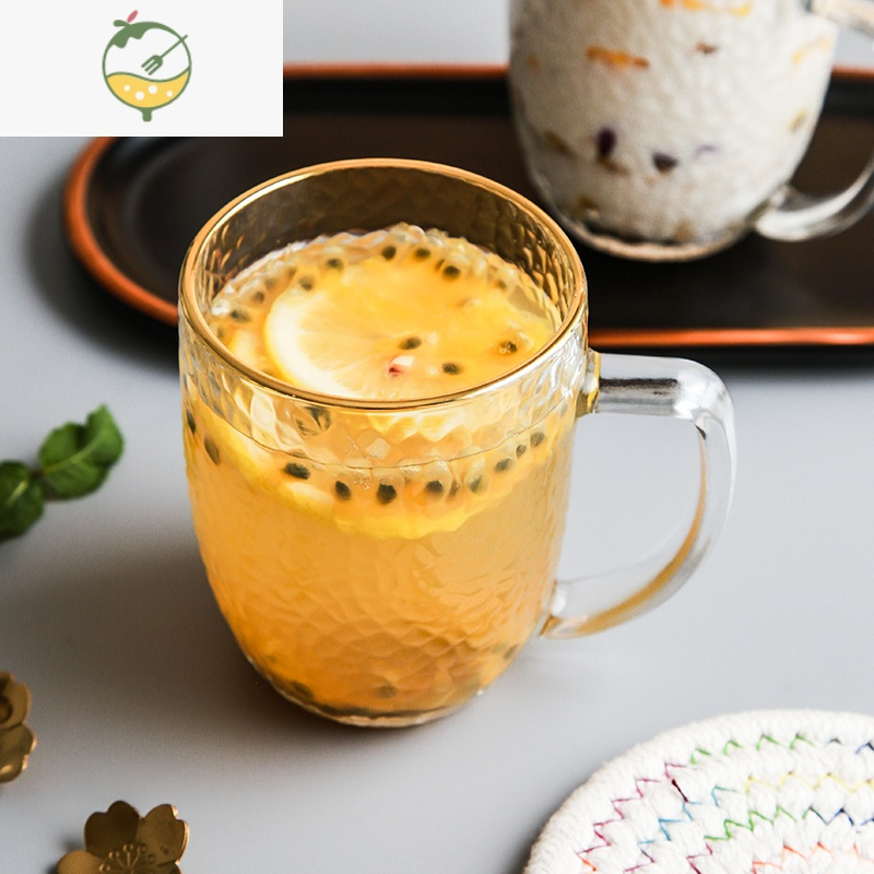 YICHENG家用锤目纹带把手玻璃水杯马克杯牛奶杯咖啡杯红酒杯果汁饮料杯 金边《带把手锤目纹玻璃杯》2只装