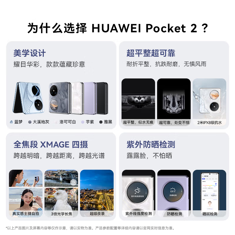 华为 Pocket 2 折叠屏(LEM-AL00)12GB+512GB 大溪地灰/洛可可白/雅黑/芋紫标准版高清大图