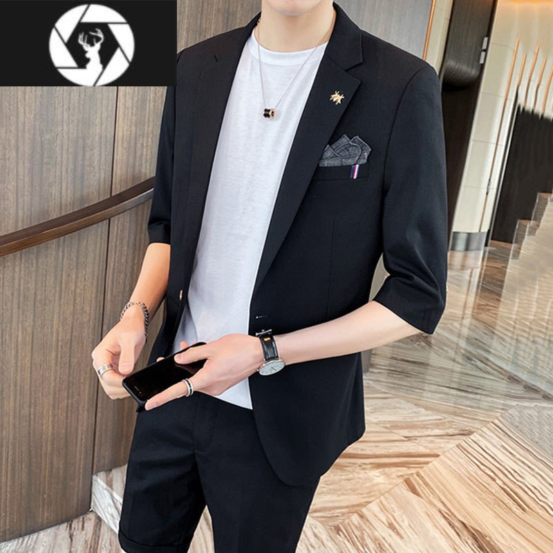 hongzun休闲七分袖西装男夏季薄款中袖短袖小西服男套装浅灰色修身