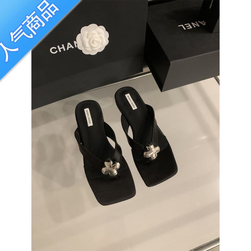 SUNTEK仙女风低跟凉拖外穿女2023夏新款黑色方头水钻蝴蝶结方头粗跟凉鞋图片