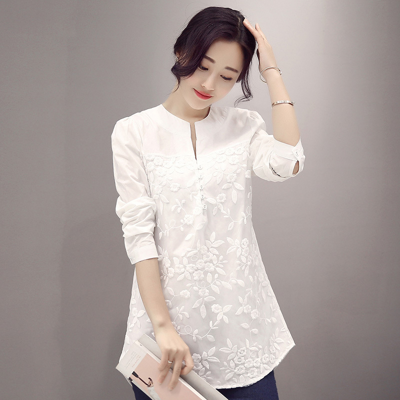 与牧女士衬衫 与牧2017春季新款长袖圆领网纱拼接中长款衬衣女韩版