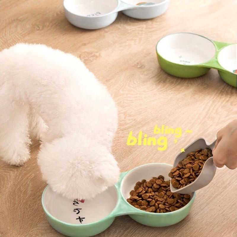 卡通猫蓝 小号(建议0-6斤犬猫) 猫碗陶瓷双碗狗盆猫食盆防黑下巴狗碗防打翻两用中小型宠物用品