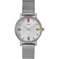 Timex 女士石英防水不锈钢 mesh 表带手表银色表盘彩虹镶钻