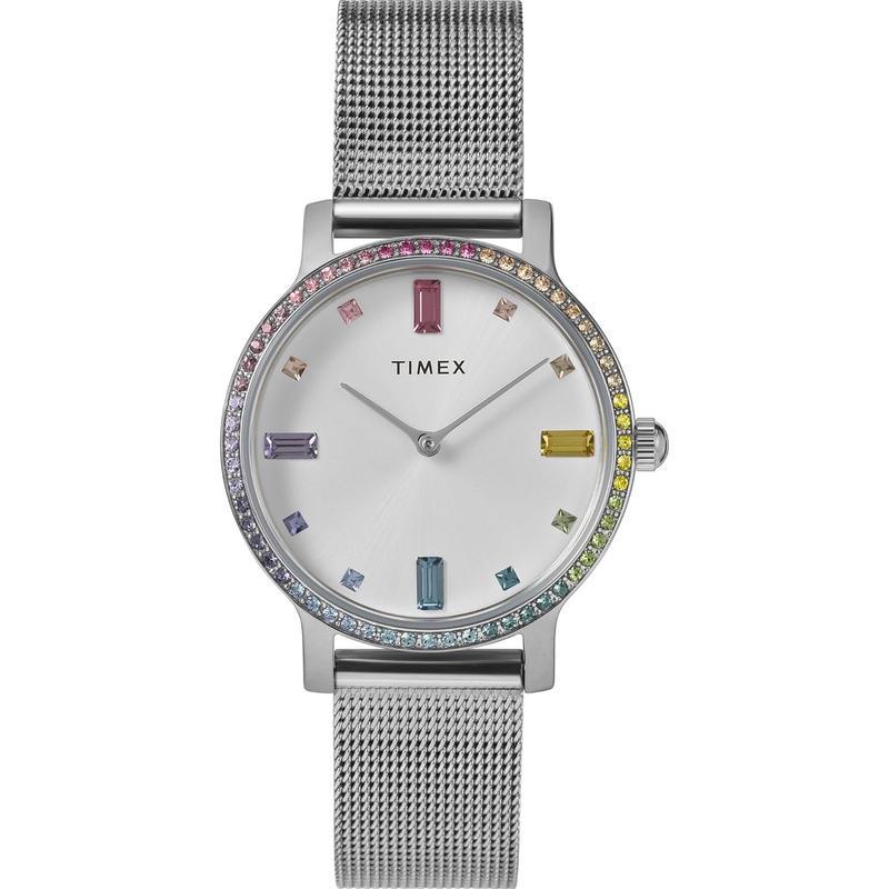 Timex 女士石英防水不锈钢 mesh 表带手表银色表盘彩虹镶钻