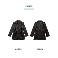 艳如飞秋冬中长款皮衣西装裙女修身气质风衣连衣裙收腰腰带长袖洋气外套风衣