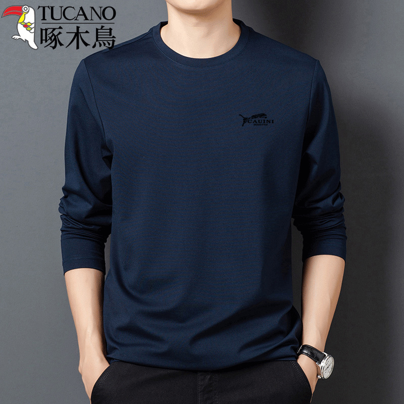 啄木鸟春秋季中年男士圆领纯棉长袖T恤宽松上衣服男装体恤打木服高清大图