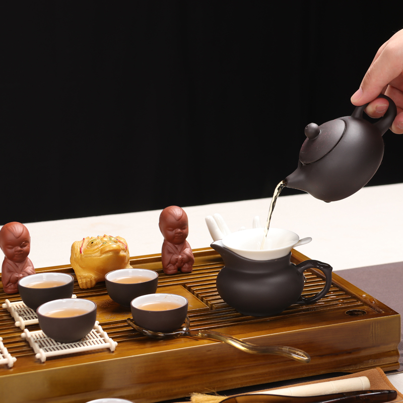 百鸿(Baihong) 整套茶具家用功夫紫砂茶壶茶杯实木茶盘 咖色小兰香内白紫砂茶具套装