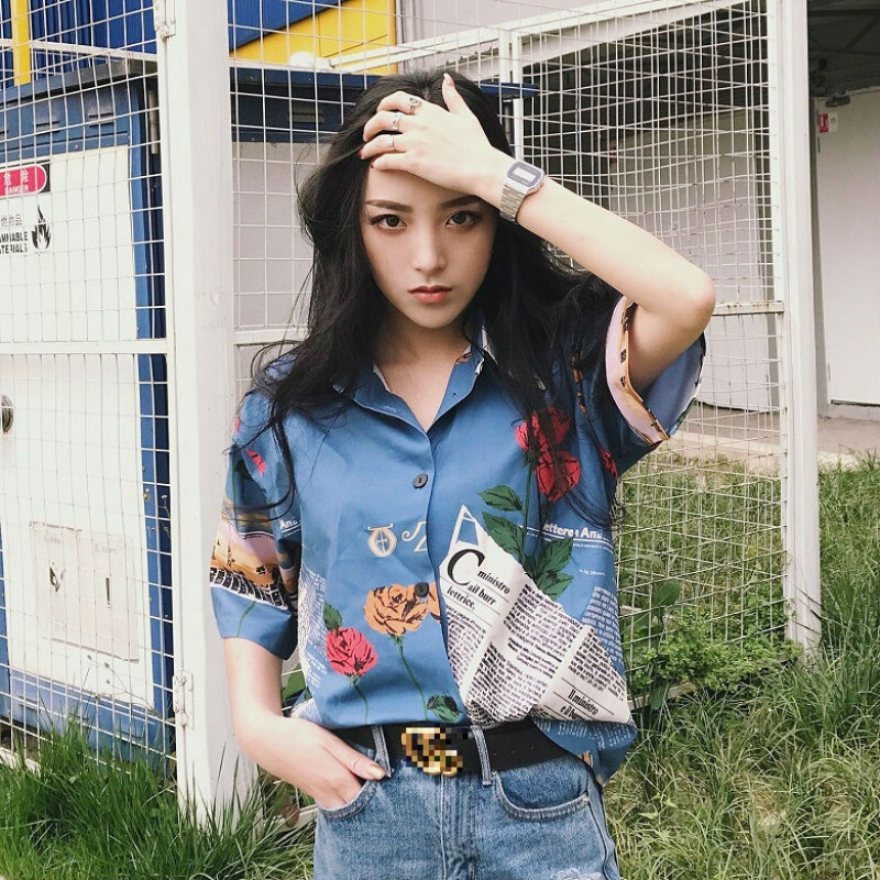 港风复古夏季韩风潮牌玫瑰印花宽松短袖衬衫上衣女POLO衫图片色