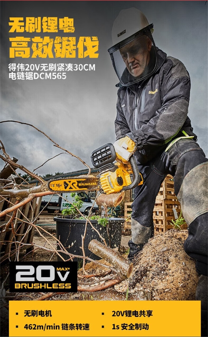 得伟20v锂电式无刷30cm链锯一电一充(DCM565-6X1)套高清大图