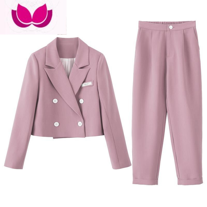 七斓粉色西装套装女2023新款chic小个子休闲阔腿高级感西服套