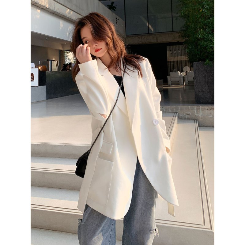 suntek白色小西装外套女春秋韩版宽松英伦风设计感小众气质休闲西服