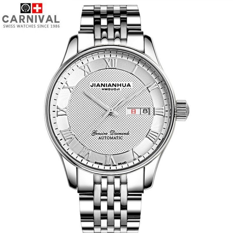 瑞士嘉年华CARNIVAL全自动机械表 男表力洛克系列男士休闲时尚复古罗马防水金属精钢双日历男表 腕表8612G-LM