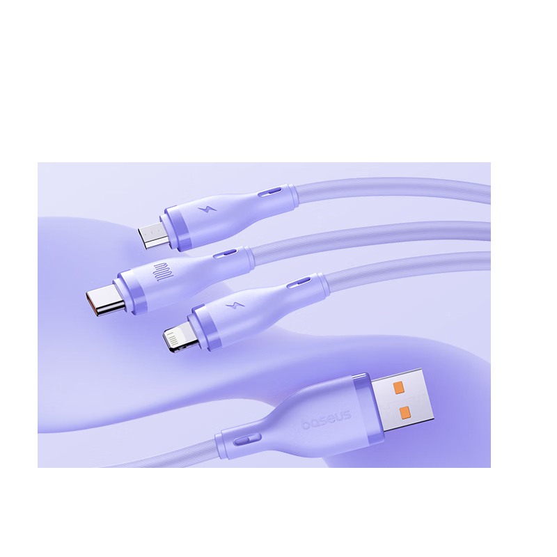 倍思倍思数据线三合一充电线100W/66W充电器线适用华为mate60pro荣耀/苹果/小米手机平板车载线1.5米紫