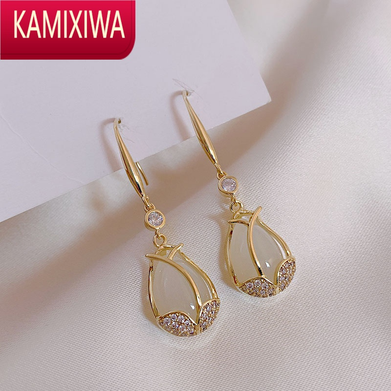 KAMIXIWA郁金香猫眼石耳环女银2022年新款潮大气气质小众设计感高级耳钩耳饰