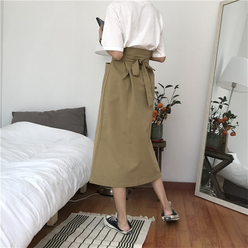 韩范简约休闲百搭宽松高腰系带花苞半身裙女学生中长裙夏季咖色均码