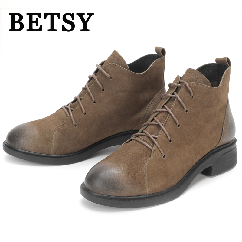 BETSY 磨砂牛皮拼接短靴女鞋高跟系带圆头中跟粗跟靴子马丁靴踝靴欧美复古英伦2018秋冬真皮女靴