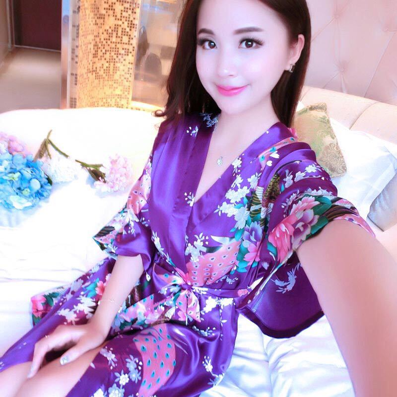 睡衣女夏中袖丝绸睡袍韩版性感连体系带和服家居服单件杨柳美女袍