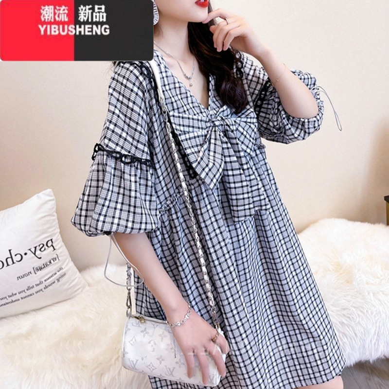 YIBUSHENG大码女装格子蝴蝶结A字连衣裙2024季新款韩版宽松中长款裙子潮