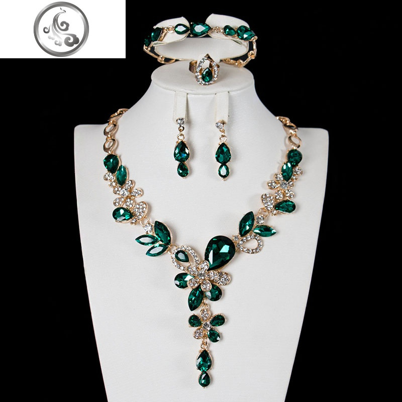 水晶宝石首饰套装女轻奢锁骨项链耳环手链戒指四件套礼服宴会配饰 JiMi