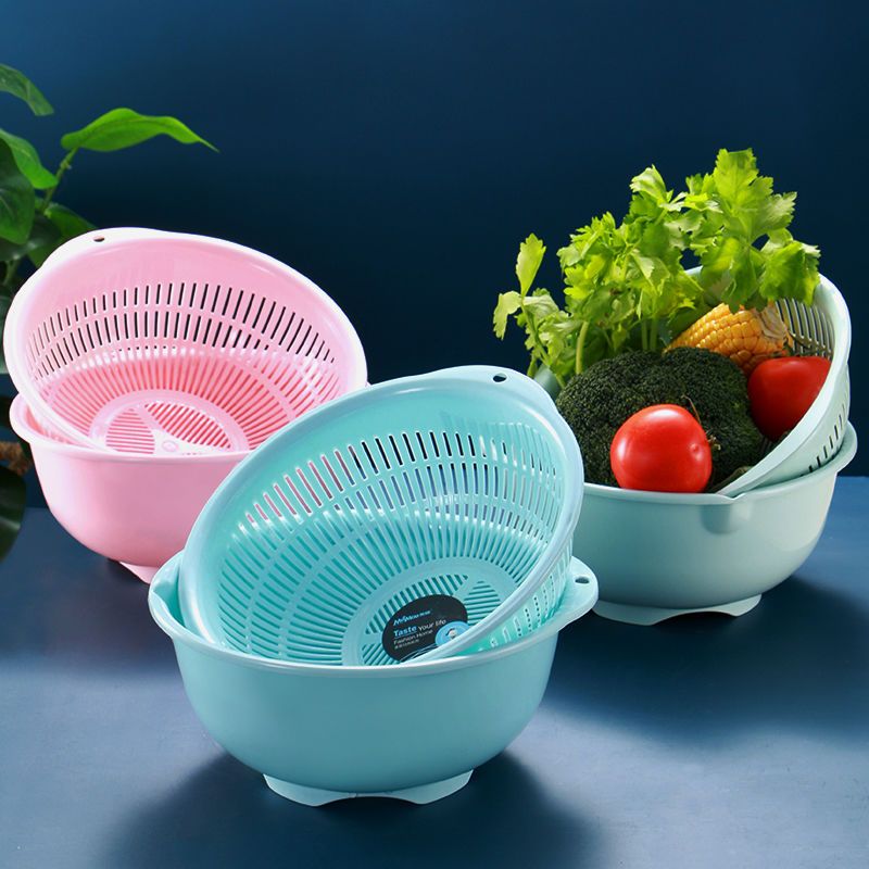 北欧风双层塑料沥水篮厨房洗菜筐淘米篮水果盆水果盘收纳篮洗菜盆 粉色 小号