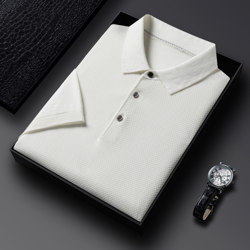 免费试穿夏季纯色桑蚕丝短袖薄款t恤男士翻领针织polo衫男装商务高清大图