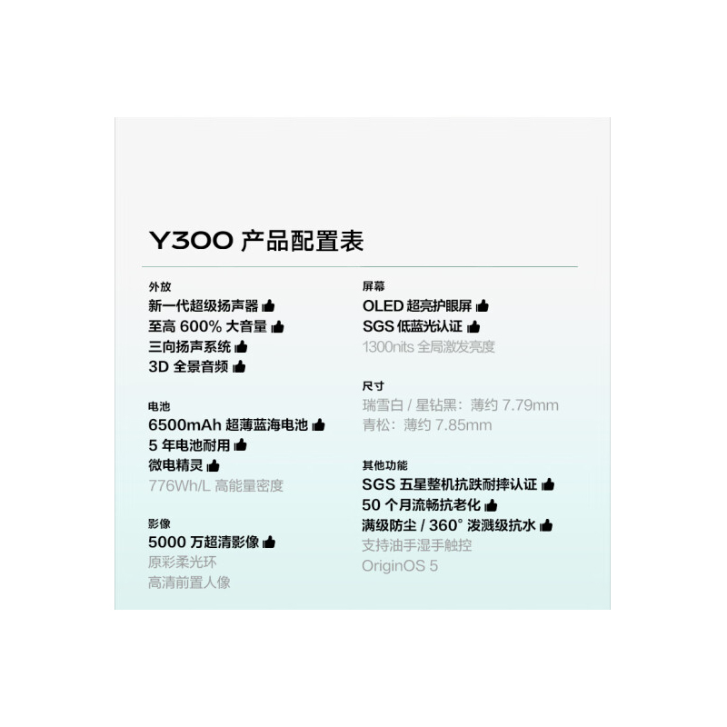 vivo Y300 瑞雪白 12GB+256GB 天玑6300 5G芯 6500mAh电池 44W充电 5000万高清影像 5G手机