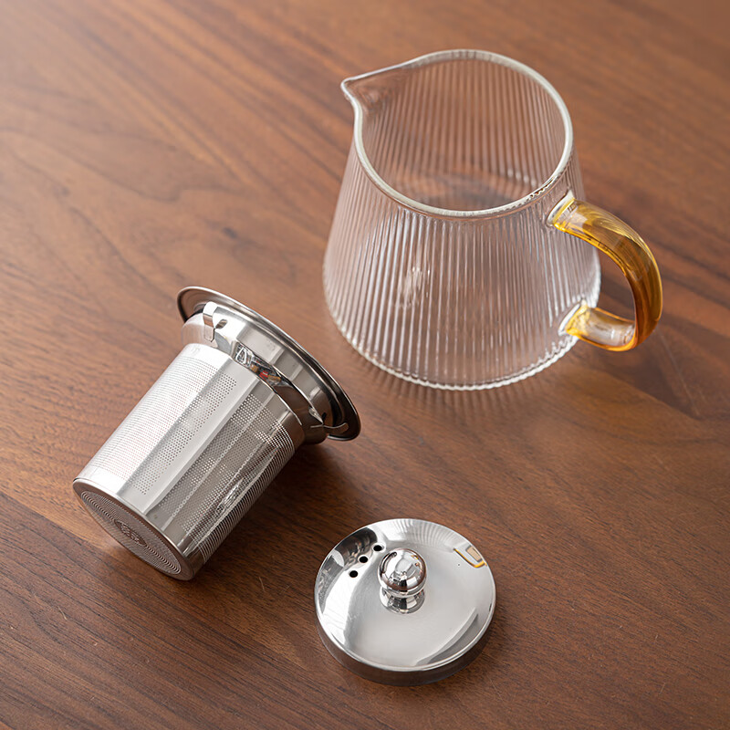 苏氏陶瓷/SUSHI CERAMICS J0904 竖纹玻璃壶不锈钢内胆过滤壶(素高款500ML)高清大图