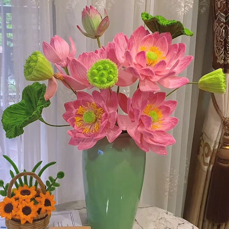 创意新款荷花加密扭扭棒手工diy材料包仿真花编织礼物-荷花全套材料包(不含瓶)高清大图