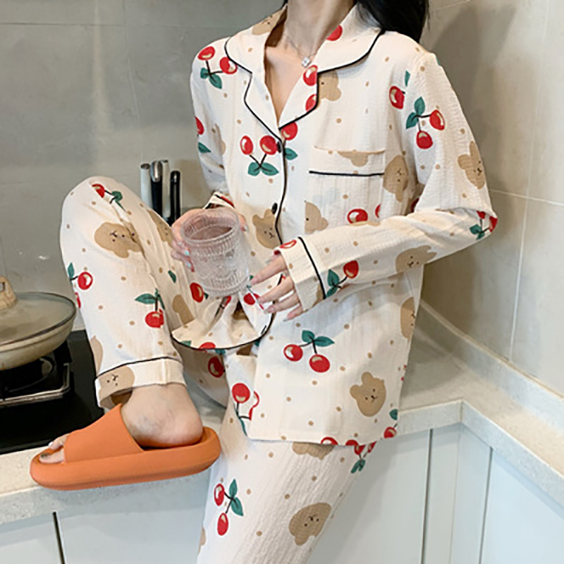 睡衣女春秋季长袖棉纱布2022年新款网红风薄款家居服两件套莎丞