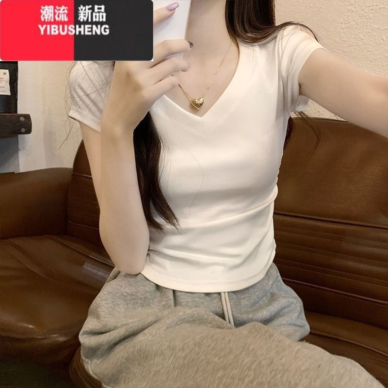 YIBUSHENG正肩短袖女t恤2024新款季修身显瘦不规则设计短款辣妹上衣高清大图