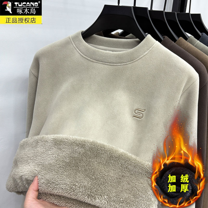 超厚驼绒】一体绒卫衣男士加绒加厚2025新款冬季圆领奥粒绒打底底高清大图