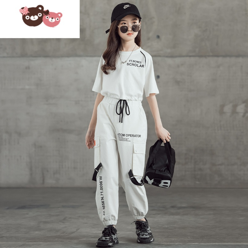 绿彩虹光女童网红运动套装夏装新款中大童潮酷洋气短款T恤+工装裤两件套薄