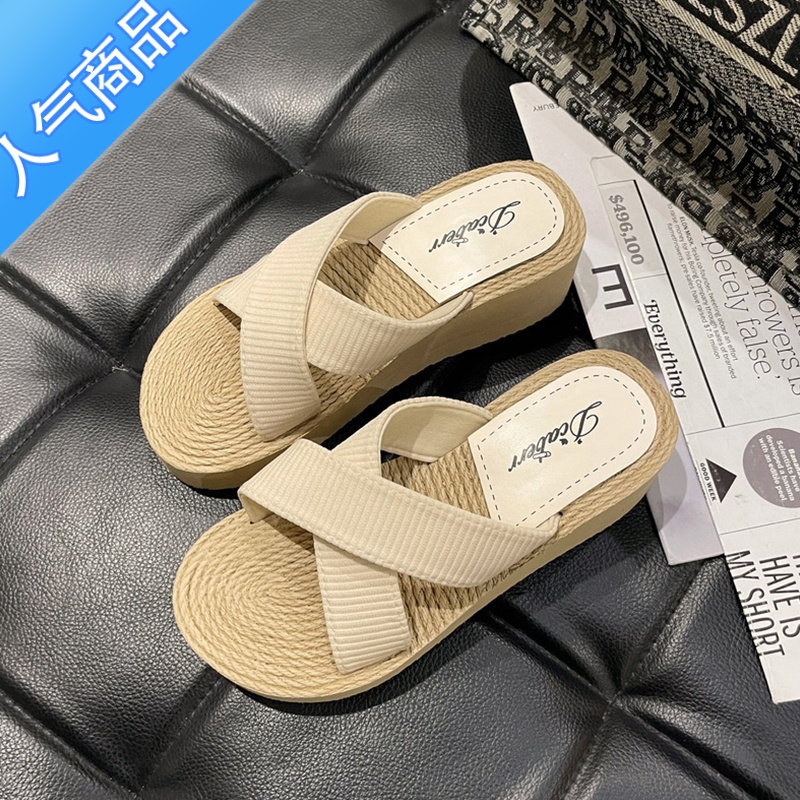 SUNTEK厚底坡跟拖鞋女夏外穿2023新款仙女交叉高跟凉鞋沙滩松糕小众凉拖 米白色 女款女款37