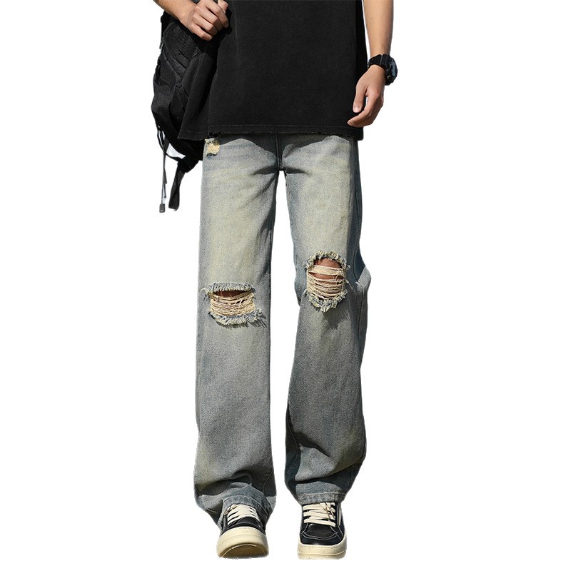 宽松牛仔裤男青年潮牌大学生休闲裤子男磨白牛仔裤男生割破乞丐裤高清大图
