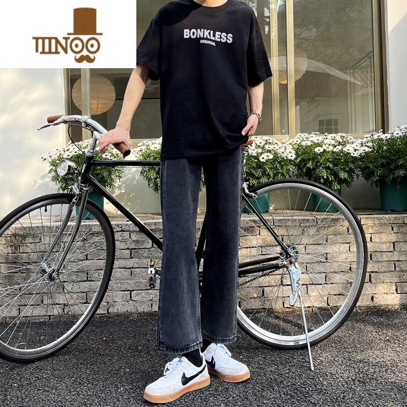 YANXU夏季浅蓝九分裤子男直筒宽松韩风2023新款复古九分阔腿松新0复高清大图