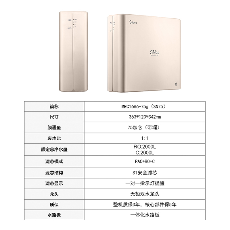 美的(Midea)净水机MRC1686-75G家用直饮智能三芯净水器家用自营厨下式直饮机纯水机SN75