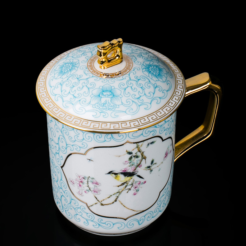 凯斯唯嘉景德镇茶具茶杯粉彩陶瓷描金男士喝水杯办公杯带盖杯子一对