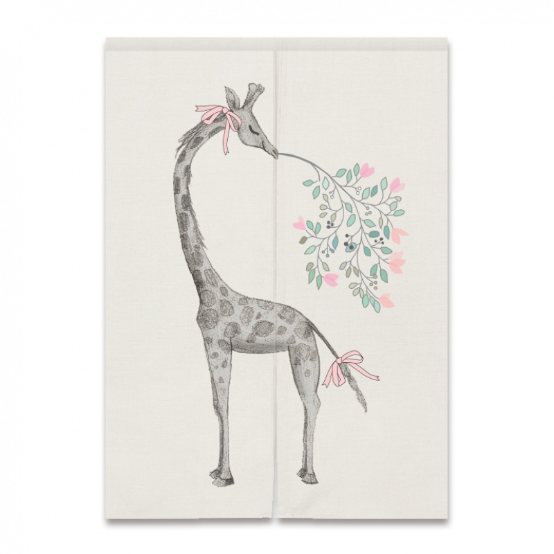 美帮汇帘布艺北欧隔断帘半帘衣柜防尘帘子卧室卫生间厨房免打孔短帘布 花树长颈鹿 宽80X高150整片+收藏送杆